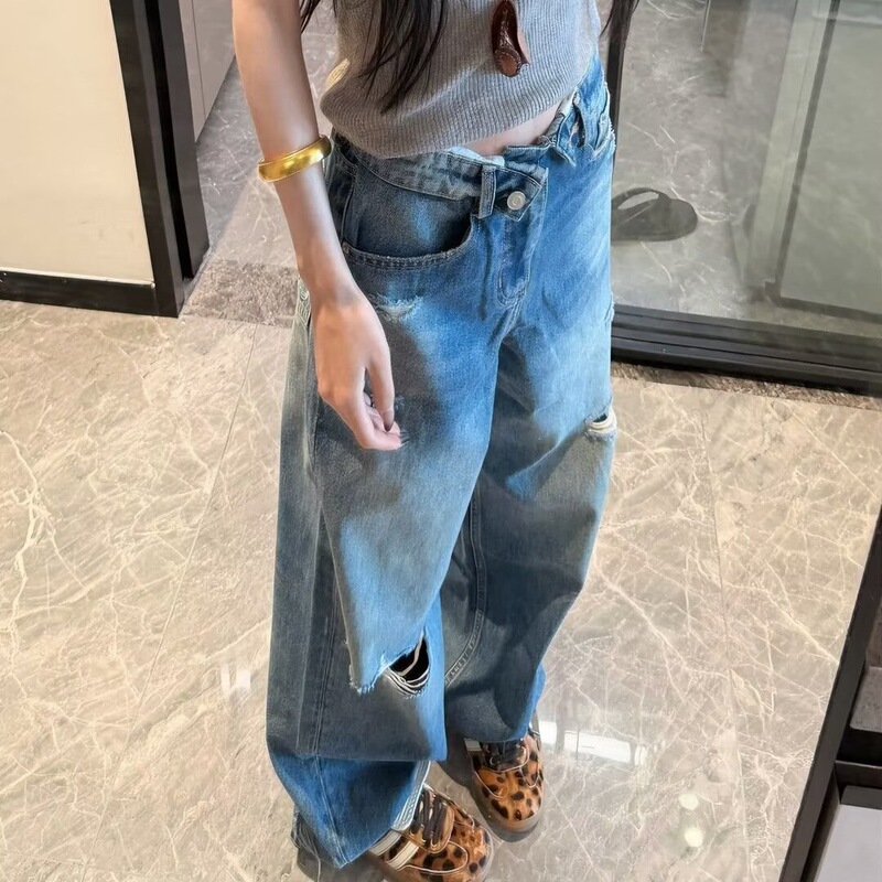 Ripped Jeans, Wide-Leg Loose Pants for Women, Designer Niche Style, Pear-Shaped Body Flattering Pants, Plus-Size Straight-Leg Pants for Chubby Girls