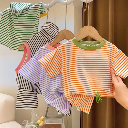 女童夏装短袖2024新款棉质条纹圆领休闲T恤宝宝薄款半袖打底衫潮