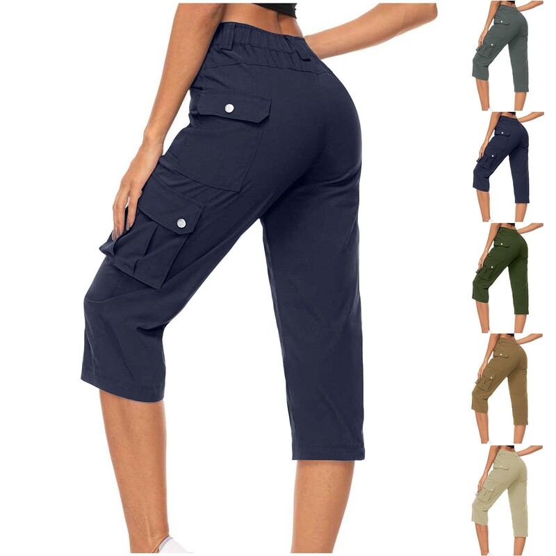 2024 Amazon Women's Trendy Cross-Border Solid Color Fitness Running Casual Loose Wide-Leg Straight Cargo Capri Pants