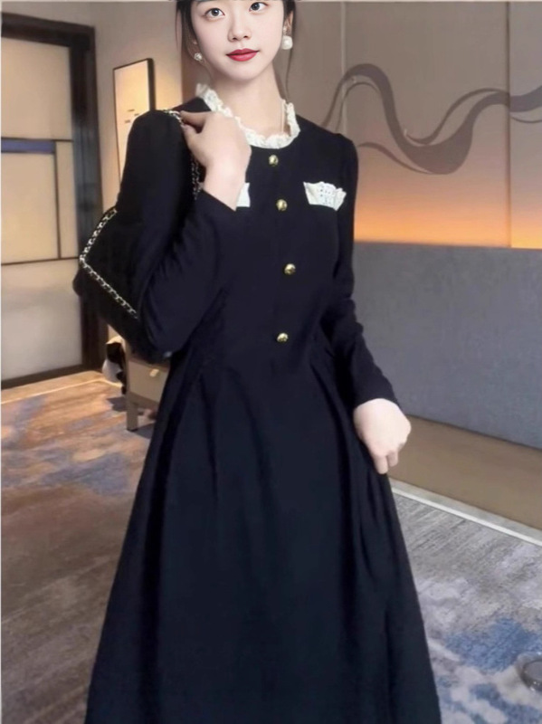 法式赫本风别致黑色连衣裙女2025秋季新款气质修身显瘦内搭长裙子|undefined