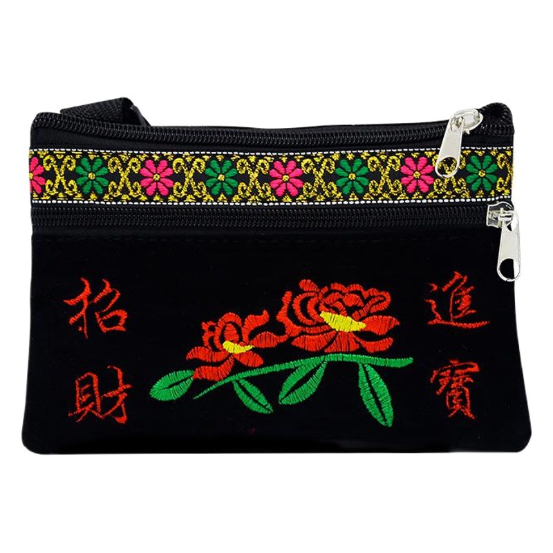 Factory Direct Supply of New Ethnic Style Bags, Gold Velvet Double Zipper Embroider Bags, Retro Waist Bags, Ten Yuan Store Embroidered Bags