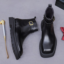 新款高跟皮靴男大码靴金属扣牛皮真皮马丁靴商务男式正装高帮皮鞋