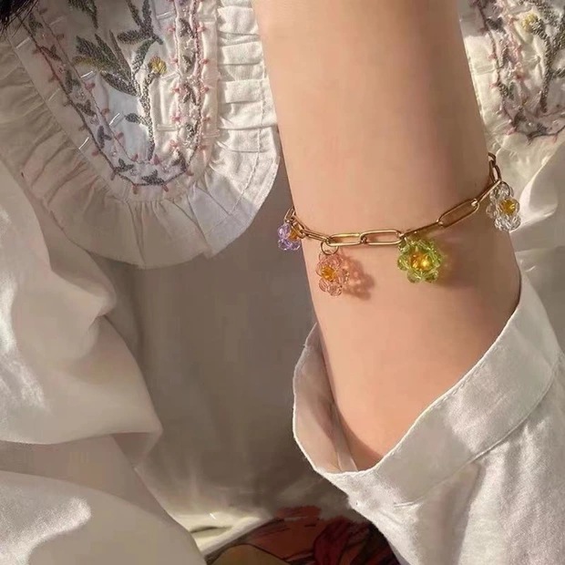 Flower Pattern Women's Gender Vacation Sweet Flower Glass Copper Women's Bracelets Necklace