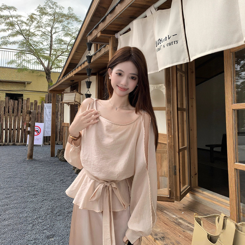 实拍 韩系千金早秋法式设计感长袖系带上衣女+缎面长款半身裙套装|undefined