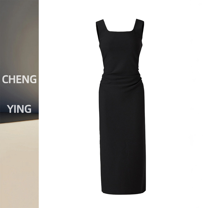 French Hepburn-Style Square-Neck Sleeveless Black Long Dress for Women, 2026 New Model, Pleated, Slimming, Mid-Length Dress French Hepburn-Style Square-Neck Sleeveless Black Long Dress for Women, 2026 New Model, Pleated, Slimming, Mid-Length Dress