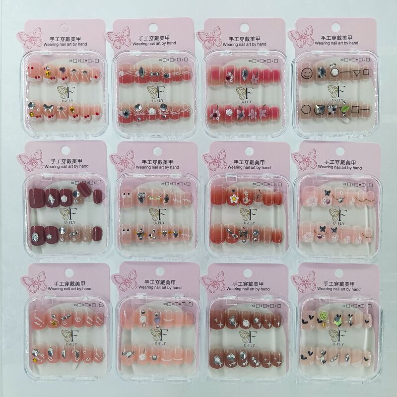 Boxed Multi-Stone Fashion Wearable Square and Round Nail Tips Tool Kit Jelly Glue Fake Nails Wholesale Removable Nails