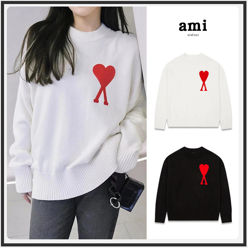 大注目！ ami セーター ラウンドネック ビッグラブ 25ss 新しいカップルルーズ長袖クロスボーダーウール女性のセーター|undefined