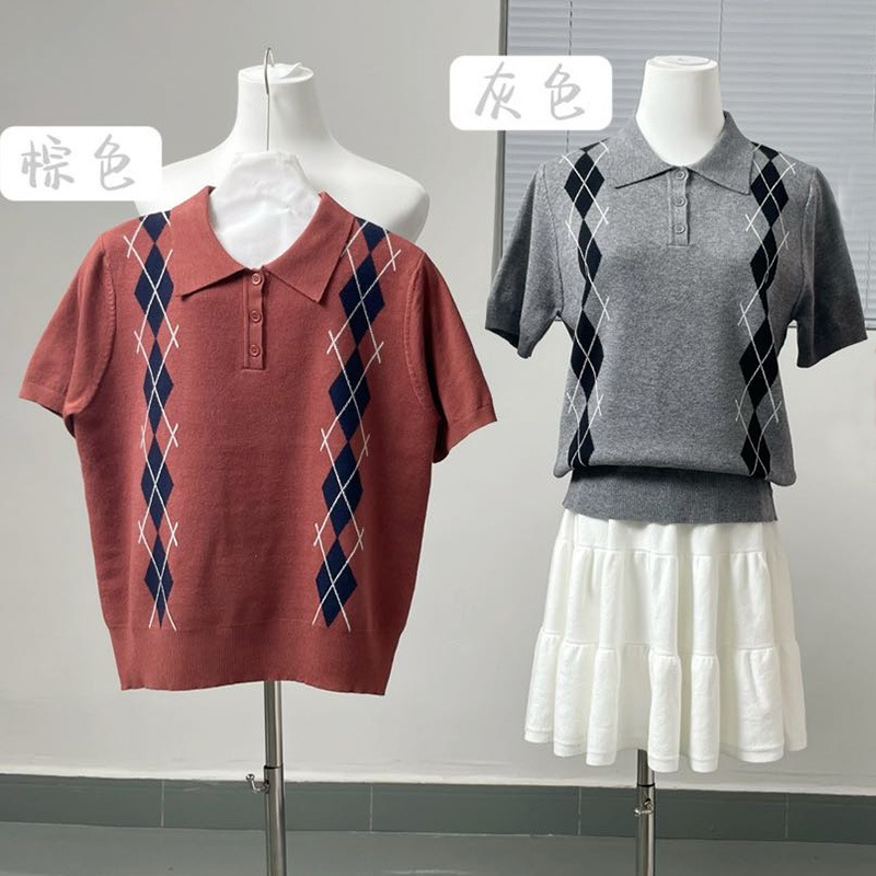 菱格翻领撞色短袖百搭气质POLO领上衣女装工厂外贸跨境毛织针织衫|undefined