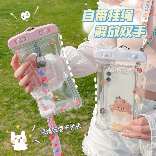 Cute mobile phone waterproof bag with touch screen air bag, swimming rafting ziplock bag, transparent takeaway rider special seal bag