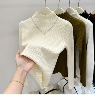 Cashmere Mock Collar Base Shirt Women's 2024 New Autumn and Winter Sweater with Age-reducing Foreign-style Wood-ear Knitted Top