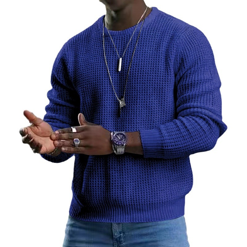 2024 Frühling und Herbst Herren Neue Jugend Waffel Einfarbig Rundhals Langarm Hoodie Strickpullover_voghion.com