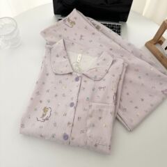 跨境批发云朵棉雾紫花兔睡衣女春秋长袖长裤少女高级感家居服套装