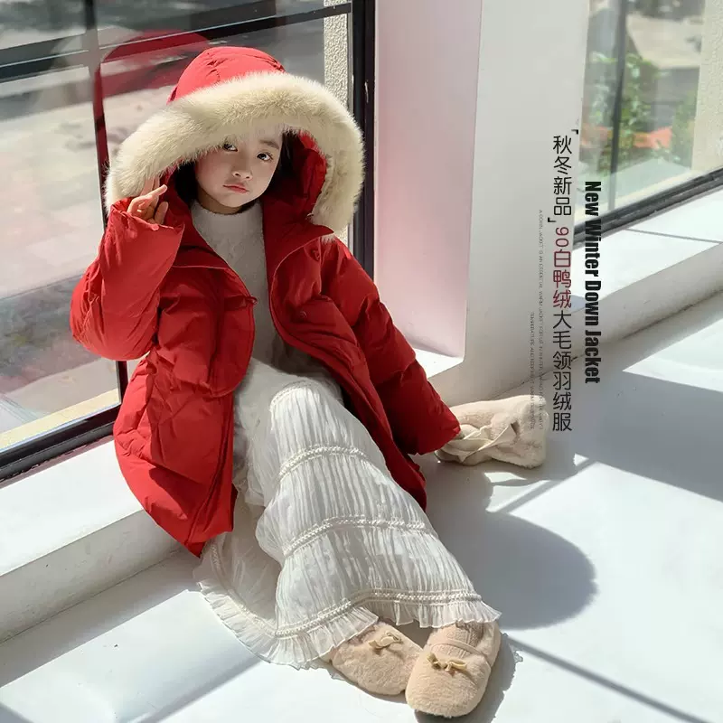 女童羽绒服冬装2025新款冬季白鸭绒红色拜年服儿童大毛领加厚外套