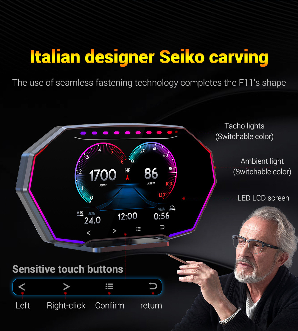 Touchscreen Car HUD Head-Up Display LCD OBD Multifunctional Water Temperature Fuel Consumption GPS Speed Slope Meter F11