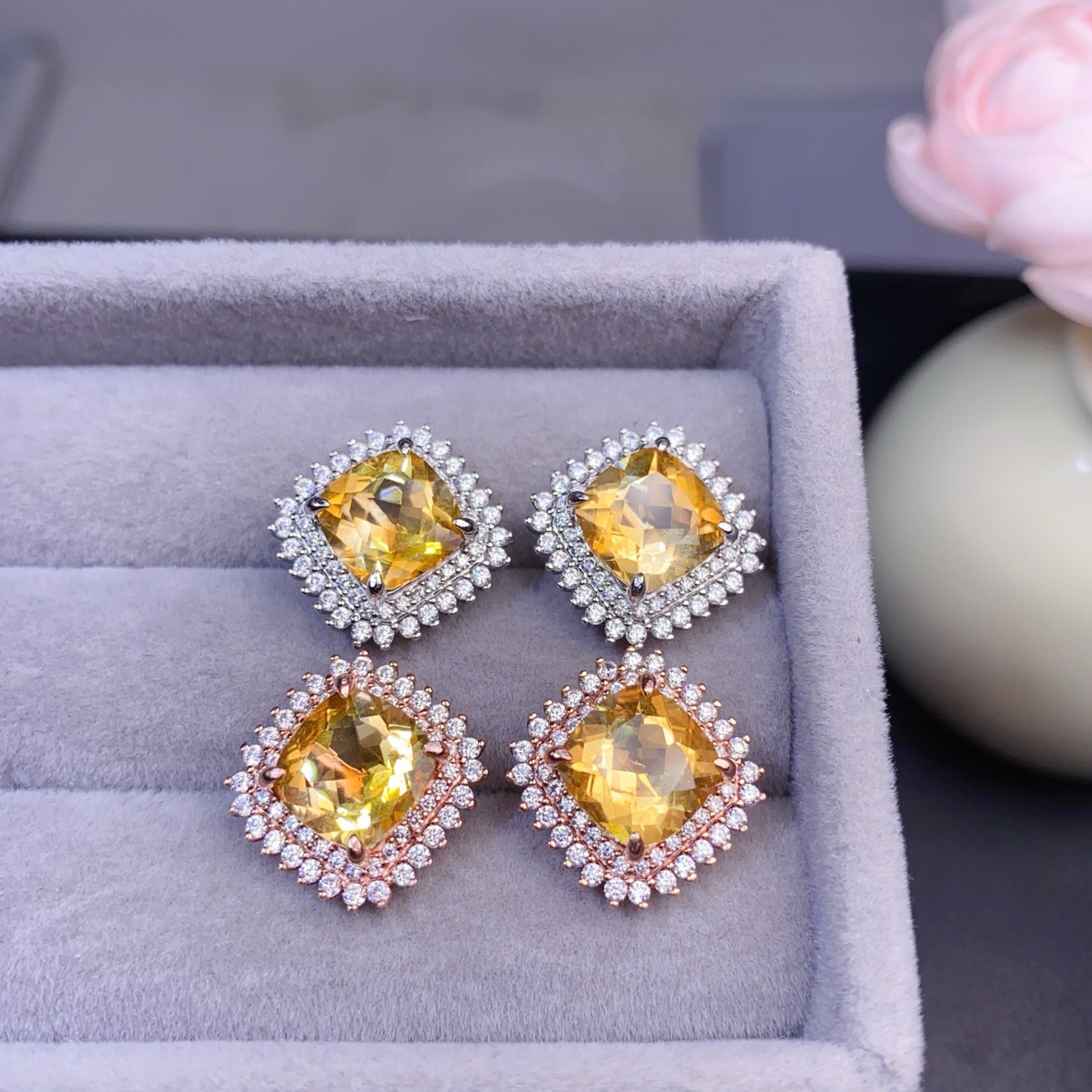 Natural Citrine Earrings, 925 Silver Inlaid with Loose Stone 9*9mm, Pure Natural Citrine That Attracts Wealth
