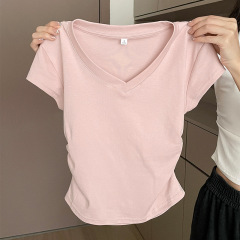 ピンクのドーパミンは白い肩の半袖の女性の夏のしわが腰のデザイン感を収めてtシャツの短い上着を修理します。