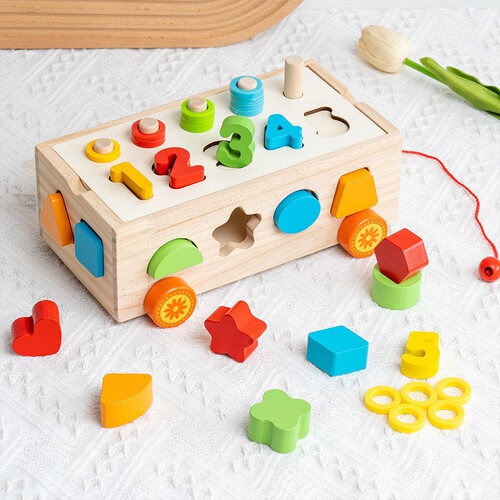 Wooden Educational Toy Multifunctional Intelligence Pull-along Car Box Shape Multi-hole Cognitive Matching Colored Geometric Blocks Car