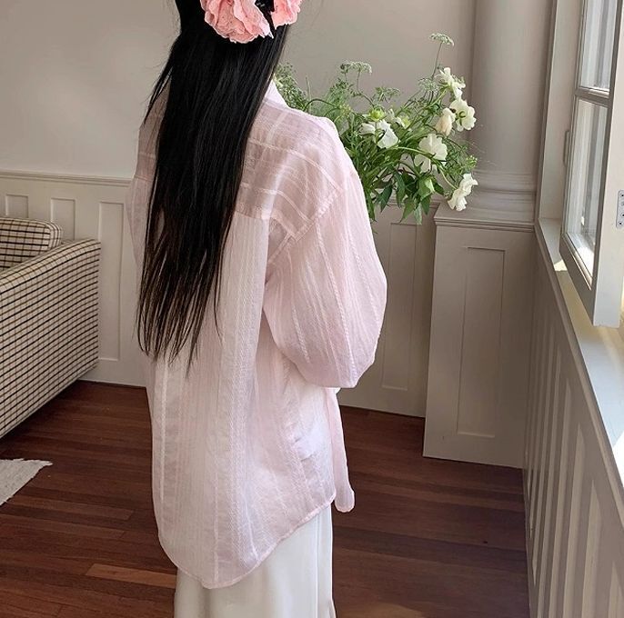 Pink Sun Protection Shirt for Women in Autumn and Summer Korean Style Loose Casual Lazy Style Long-Sleeved Shirt Age-Reducing Elegant Top Thin
