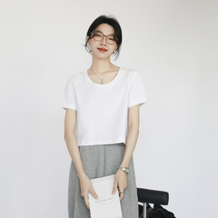 ショート丈ラウンドネックTシャツ レディース 半袖 フロントショルダー ゆったり通勤 オシャレ おしゃれ へそ出し ベースレイヤー トップス ゆったりショート丈