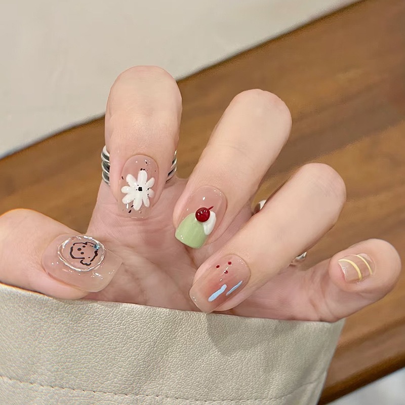 Summer Cherry Blossom Wearable Nails Honeydew Ice Cream Cute Nails Short Cartoon Simple Ins Student Manicure