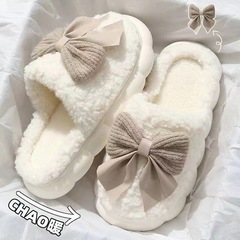 棉拖鞋女秋冬季月子室内家居家防滑厚底踩屎感蝴蝶结毛毛绒棉拖鞋