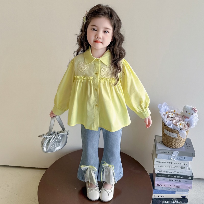 女童2025春秋季新款童装可爱网纱绣花拼接衬衣加牛仔长裤两件套潮|undefined