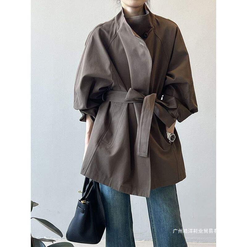 New French Retro Style Mid-Length Windbreaker Jacket for Women 2025 Autum Loose Waist Stand-Up Collar Top Outwear