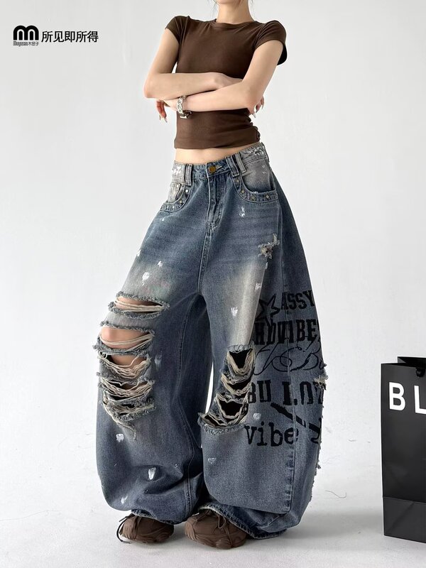 BeerBro celebrity-style punk ripped and splattered ink print distressed loose-fitting slimming wide-leg jeans BeerBro celebrity-style punk ripped and splattered ink print distressed loose-fitting slimming wide-leg jeans