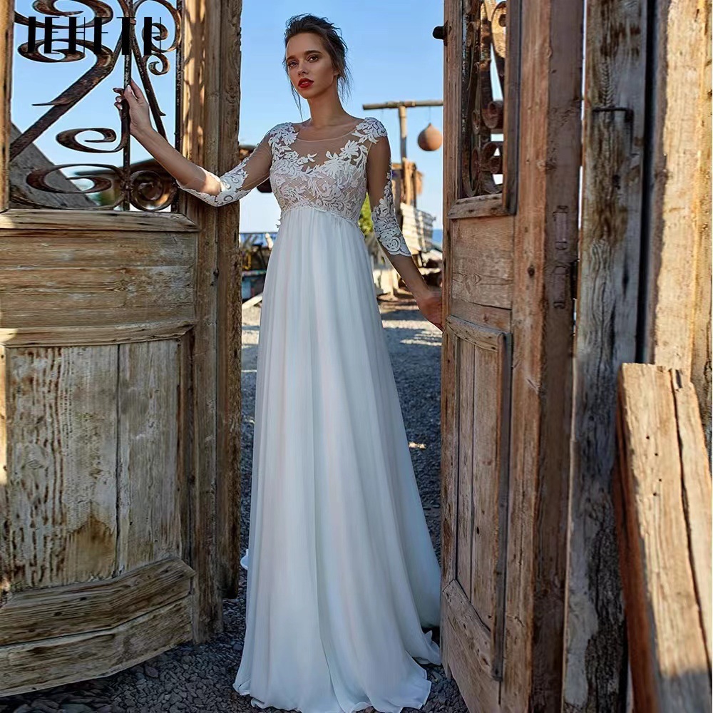 Nuevo Comercio exterior transfronterizo Amazon Venta caliente gasa encaje delgado vestido de novia ligero viaje de playa tiro pequeño vestido de novia de arrastre