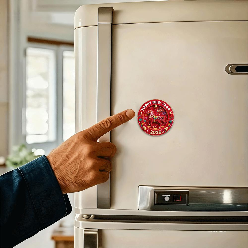 Colgante diseño gráfico 2D feliz año nuevo caballo redondo acrílico refrigerador imán hogar cocina decoración regalo creativo