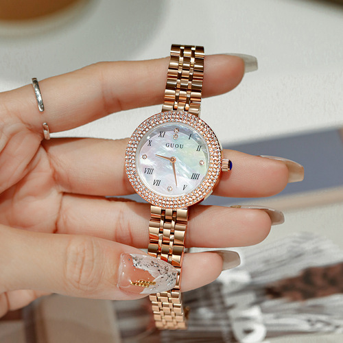 古欧古欧手表女简约时尚气质镶钻圆形防水石英表皮带小众女士手表