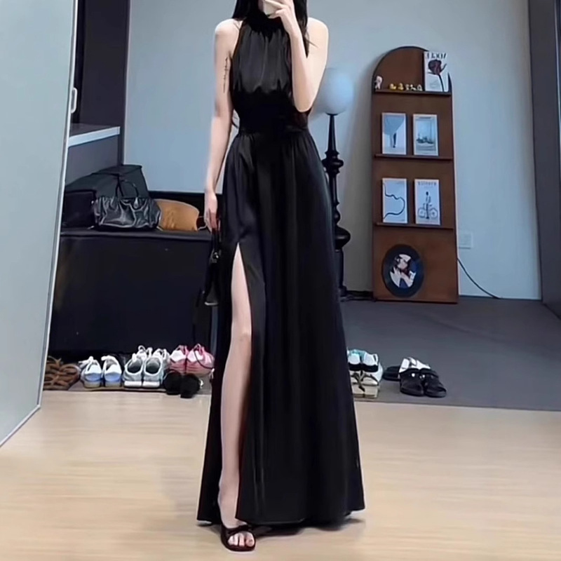 Spring New Moonlight Poet Satin Black Sleeveless dress Dress Slimming Elegant Fashion Women's Shoulder Dress
