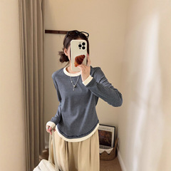 韩国东大门撞色边条纹长袖打底衫女秋季新款圆领正肩显瘦长袖T恤