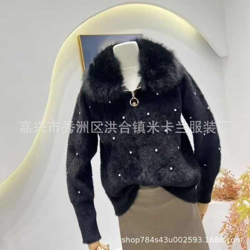 2025年新款镶钻环保毛领时尚气质百搭拉链秋冬女皮草外套针织开衫|undefined