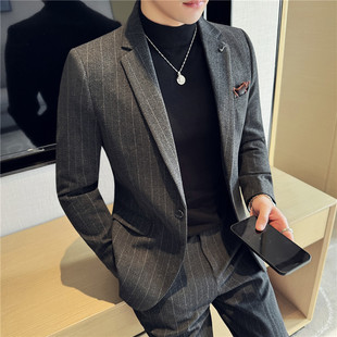 Live broadcast network drama recommend high-grade feeling striped wool casual suit suit men's slim fit autumn and winter padded suit