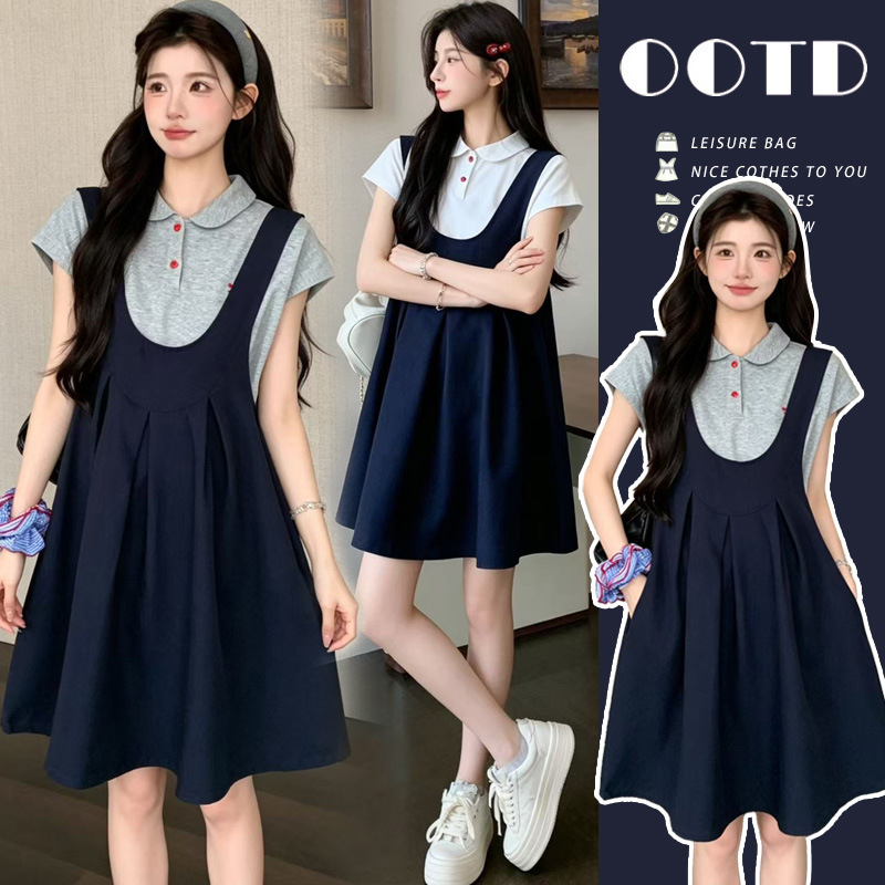 Maternity Summer Dress, Fashionable New Style, Trendy Mom's French-Style Outfit during Pregnancy, Casual Suspender Skirt, Summer Set