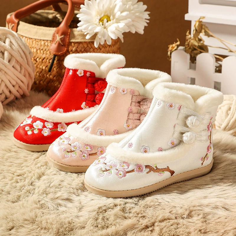 Девочки Hanfu сапоги древняя принцесса Hanfu обувь детская вышитая обувь антикварная осень плюс бархатная хлопчатобумажная обувь зимой