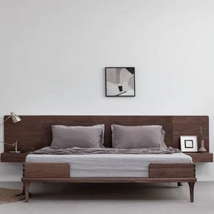 Nordic Solid Wood Bed Tatami Bed Black Walnut Simple Double Bed Low Bed Bedroom Cherry Wood Big Bed Japanese Style Bed