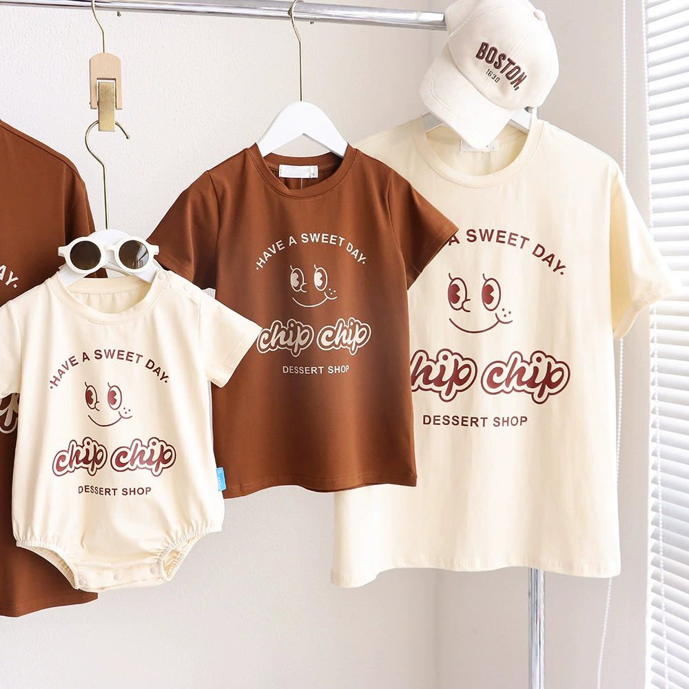 Douyin fanfare parent-child clothing 2025 new Korean version family three and four cartoon short-sleeved mother and child mother and daughter baby crawling clothes