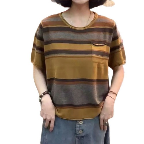Spring and Summer Retro Striped Crew Neck Knit Top for Women Loose and Slimming Versatile Short-Sleeve T-Shirt Base Top