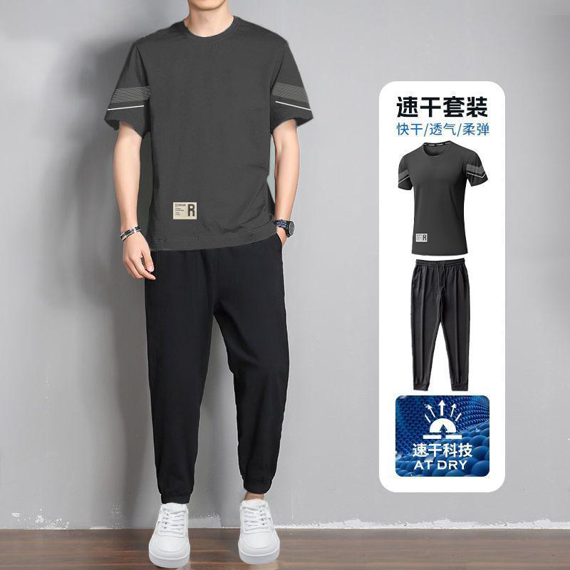冰感休闲套装男士夏季透气速干弹力短袖长裤男圆领运动服套装男潮|undefined