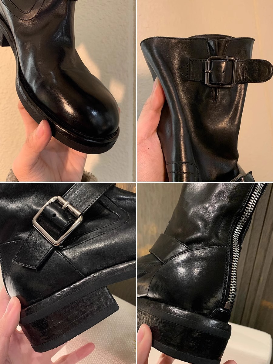 Modisches Schnallendesign, runde Zehenpartie aus Pferdeleder, kleiner dicker Absatz, hohe Absätze_voghion.com