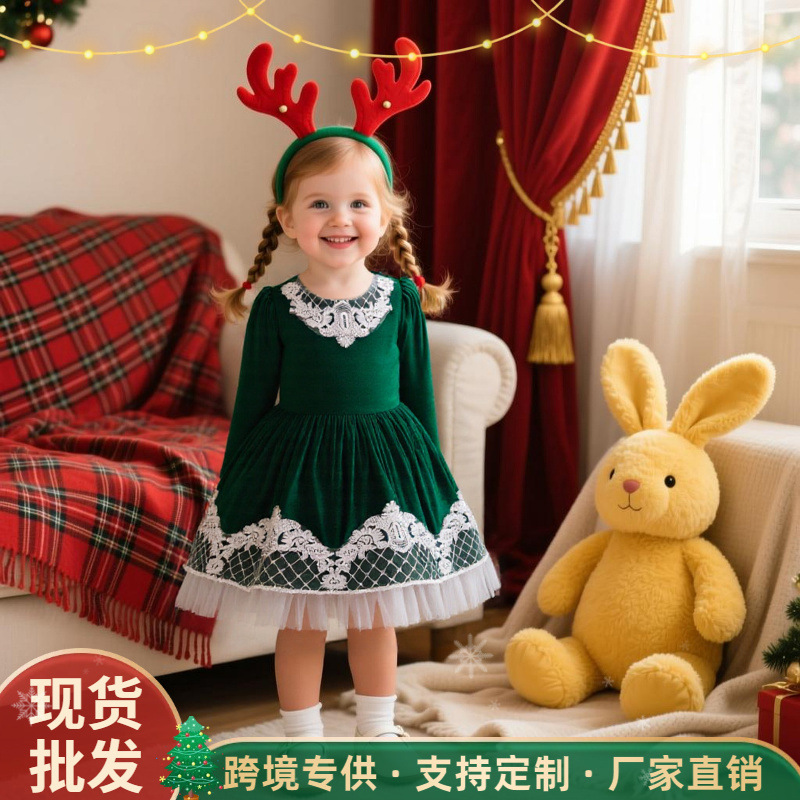 Navidad nuevo vestido de niña vestido de mangas largas vestido de princesa de encaje cascada vestido de regalo vestido de Navidad