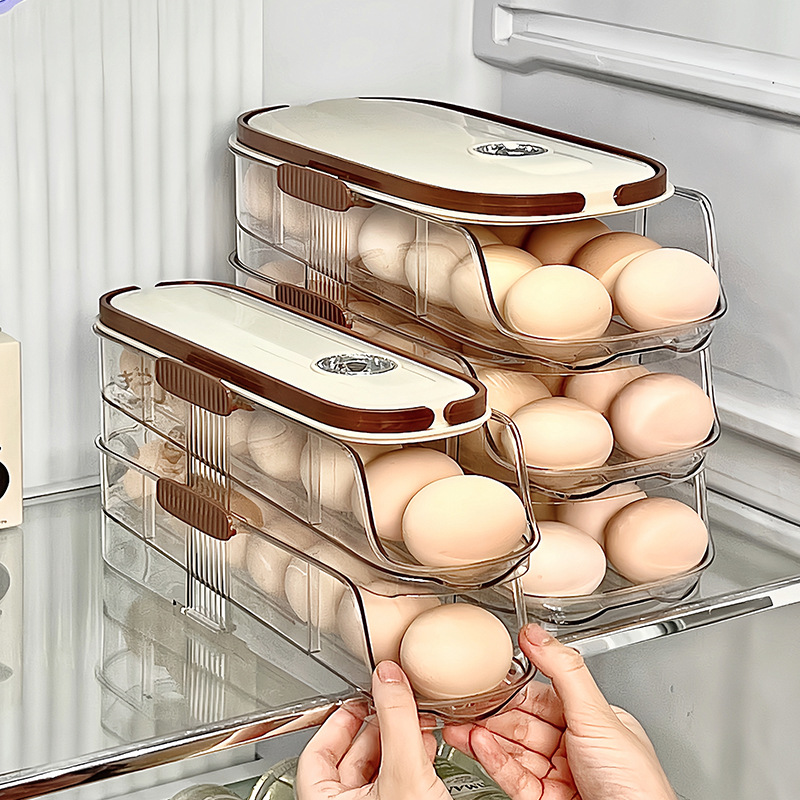 Caja de almacenamiento de huevos rodante para cocina, apertura inclinada creativa de varias capas, soporte automático especial para huevos en la puerta lateral del refrigerador, caja de conservación.