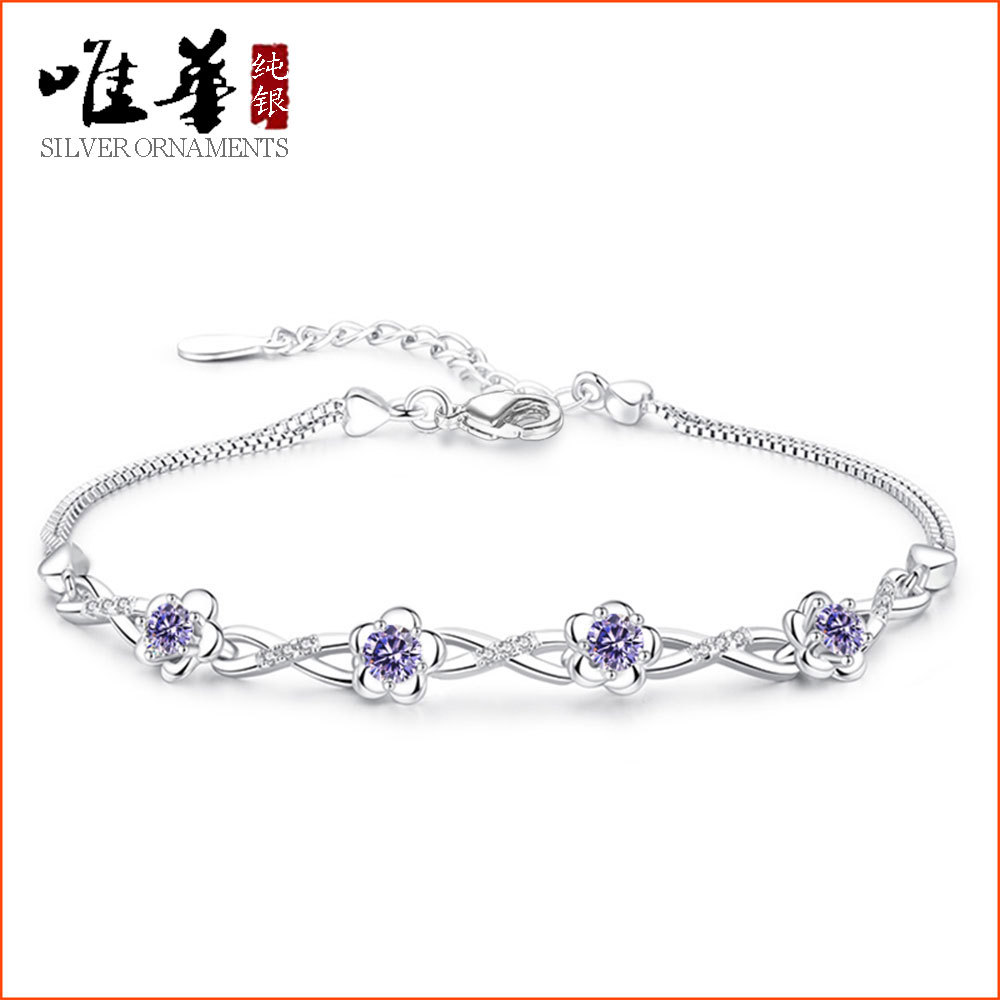 Silver Floral Bracelet with Purple Gemstones for Women