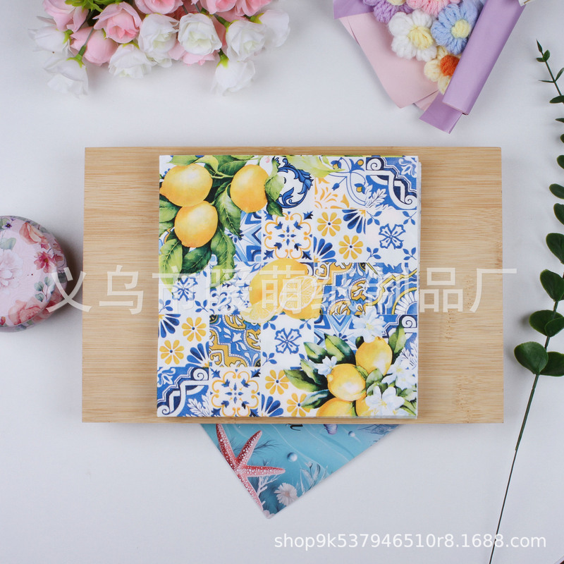 亚马逊复古青花瓷柠檬主题餐巾纸夏日水果派对餐具用品一次性纸巾|undefined