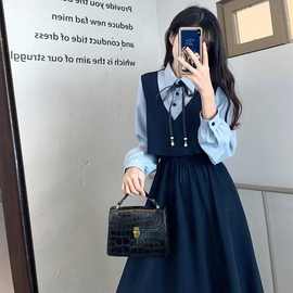 法式复古连衣裙女胖妹妹大码春夏新款收腰显瘦撞色假两件减龄长裙