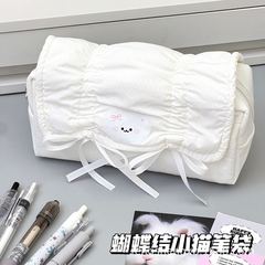 インスタイルソリッドカラーソフト子猫プルリボン鉛筆バッグバレエスタイル大容量学生文具収納袋