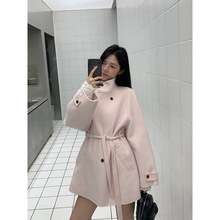 广州十三行正品冬季新款洋气糖果色立领绑带收腰高级感羊毛外套女