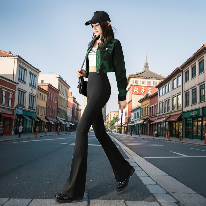 Pantalones acampanados Shark para mujer, pantalones largos negros de talla grande, finos, de cintura alta, drapeados, para primavera y otoño, adecuados para usar al aire libre. image 5